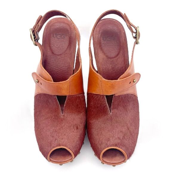UGG Nicco Leather Calf Hair Platform Peep Toe Slingback Sandal Brown Size 8.5 - Picture 3 of 16